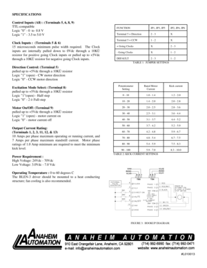 Page 3,#L010013 Potentiometer
SettingRated Motor
CurrentKick current
0 - 101.0 - 1.41.2 - 2.0
10 - 201.4 - 2.02.0 - 2.8
20 - 302.0 - 2.52.8 - 3.6
30 - 402.5 - 3.13.6 - 4.4
40 - 503.1 - 3.74.4 - 5.2
50 - 603.7 - 4.25.2 - 5.9
60 - 704.2 - 4.85.9 - 6.7
70 - 804.8 - 5.46.7 - 7.5
80 - 905.4 - 5.97.5 - 8.3
90 - 1005.9 - 7.08.3 - 10.0
TABLE 2: KICK CURRENT SETTINGS
FIGURE 3:  HOOKUP DIAGRAM. FUNCTIONJP1, JP3, JP5JP2, JP4, JP6
Terminal 5 = Direction2 - 3X
Terminal 5 = CCW1 - 2X
+ Going ClocksX2 - 3
- Going ClocksX1 -...
