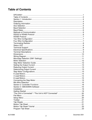 Page 22 #L010089December 2001
Table of Contents
DPC40501 .......................................................................................................................1
Table of Contents ............................................................................................................ 2
Section 1: Introduction ..................................................................................................... 4
Description...