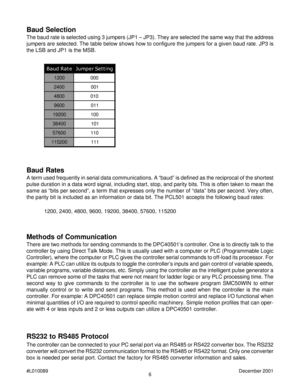 Page 66 #L010089December 2001
RS232 to RS485 Protocol
The controller can be connected to your PC serial port via an RS485 or RS422 converter box. The RS232
converter will convert the RS232 communication format to the RS485 or RS422 format. Only one converter
box is needed per serial port. Contact the factory for RS485 converter information and sales.
Baud Rates
A term used frequently in serial data communications. A “baud” is defined as the reciprocal of the shortest
pulse duration in a data word signal,...