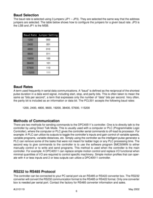 Page 66 #L010119May 2002
RS232 to RS485 Protocol
The controller can be connected to your PC serial port via an RS485 or RS422 converter box. The RS232
converter will convert the RS232 communication format to the RS485 or RS422 format. Only one converter
box is needed per serial port. Contact the factory for RS485 converter information and sales.
Baud Rates
A term used frequently in serial data communications. A “baud” is defined as the reciprocal of the shortest
pulse duration in a data word signal, including...