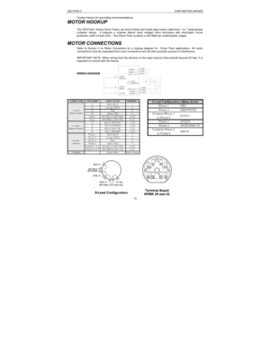 Page 13SECTION 3STEP MOTOR DRIVER13 Contact factory for grounding recommendations.
MOTOR HOOKUP
The DPD72401 Series Driver Packs can drive 6-lead and 8-lead step motors rated from 1 to 7 amps/phase
(unipolar rating).  It features a unipolar bilevel (dual voltage) drive technique with short/open circuit
protection (with a Fault LED).  This Driver Pack contains a 300 Watt fan cooled power supply.
MOTOR CONNECTIONS
Refer to Section 4 on Motor Connectors for a hookup diagram for  Driver Pack applications. All...