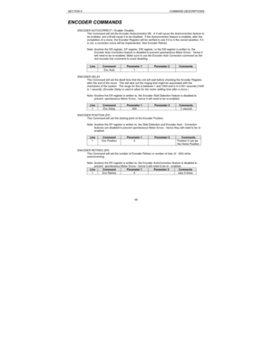 Page 48SECTION 8COMMAND DESCRIPTIONS48 ENCODER COMMANDS
ENCODER AUTOCORRECT ( Enable/ Disable)
This Command will set the Encoder Autocorrection Bit.  A 1 will cause the Autocorrection feature to
be enabled, and a 0 will cause it to be disabled.  If the Autocorrection feature is enabled, after the
completion of a move, the Encoder Register will be verified to see if it is in the correct position. If it
is not, a correction move will be implemented. See Encoder Retries.
Note: Anytime the ER register, EP register,...
