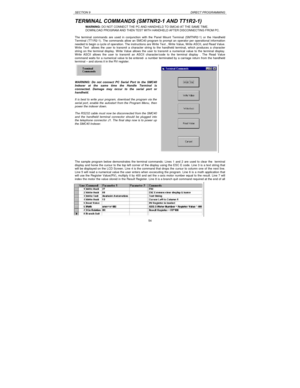 Page 54SECTION 9DIRECT PROGRAMMING54 TERMINAL COMMANDS (SMTNR2-1 AND TT1R2-1)
WARNING: DO NOT CONNECT THE PC AND HANDHELD TO SMC40 AT THE SAME TIME.
DOWNLOAD PROGRAM AND THEN TEST WITH HANDHELD AFTER DISCONNECTING FROM PC.
The terminal commands are used in conjunction with the Panel Mount Terminal (SMTNR2-1) or the Handheld
Terminal (TT1R2-1). The commands allow an SMC40 program to prompt an operator per operational information
needed to begin a cycle of operation. The instructions are Write Text , Write Value,...