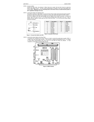 Page 7SECTION 2QUICK START7 STEP3 - Connect a Motor
Connect the step motor. Use Section 3, Motor Hook Up to assist. Set the Kick Current to match the
motors rated phase current.  The kick current potentiometer is located on the driver side labeled Kick
Current Adjust.  Whenever you are connecting wires to the Driver Pack, be certain that the power is
off or significant damage can occur.
STEP 4 - Connect the Switch and (Optional) LED
This switch is used as a “start switch” to cause the Driver Pack to begin...