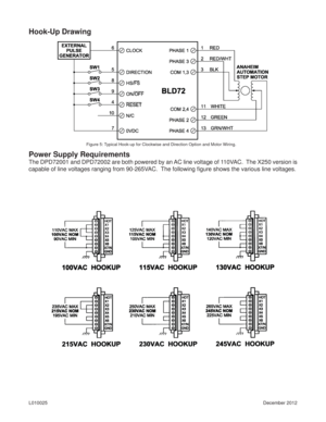 Page 5December 2012 L010025
Hook-Up Drawing   
Power Supply Requirements
The DPD72001 and DPD72002 are both powered by an AC line voltage of 110VAC.  The X250 version is 
capable of line voltages ranging from 90-265VAC.  The following ﬁ gure shows the various line voltages.
Figure 5: Typical Hook-up for Clockwise and Direction Option and Motor Wiring. 