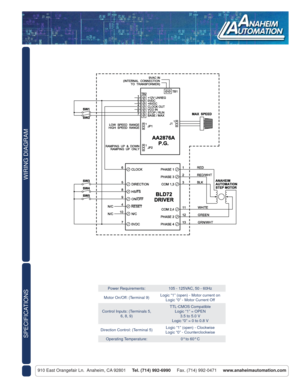 Page 2WIRING DIAGRAM
910 East Orangefair Ln.  Anaheim, CA 92801     Tel. (714) 992-6990     Fax. (714) 992-0471     www.anaheimautomation.com
Power Requirements: 105 - 125VAC, 50 - 60Hz
Motor On/Off: (Terminal 9)Logic “1” (open) - Motor current on
Logic “0” - Motor Current Off
Control Inputs: (Terminals 5, 
6, 8, 9)TTL-CMOS Compatible
Logic “1” = OPEN
3.5 to 5.0 V
Logic “0” = 0 to 0.8 V
Direction Control: (Terminal 5)Logic “1” (open) - Clockwise
Logic “0” - Counterclockwise
Operating Temperature: 0° to 60° C...