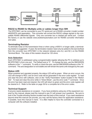 Page 11September 2012 L01015511
RS232 to RS485 for Multiple units or cables longer than 50ft
The DPD75601 can be connected to your PC serial port via a RS485 converter (model number: 
485SD9TB sold separately).  This converter will convert the RS232 voltage signals to the com-
patible RS485 differential signals.  Only one converter box is needed per serial port.  Contact 
the factory or use the website www.anaheimautomation.com for RS485 converter information 
and sales.
Terminating Resistor
To eliminate noise...