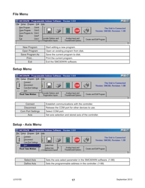 Page 17September 2012 L01015517
File Menu
Setup Menu
Setup - Axis Menu
Connect Establish communications with the controller.
Disconnect Release the COM port for other devices to use.
Com Port Settings Select COM port.
Axis Set axis selection and stored axis of the controller.
Select Axis Sets the axis select parameter in the SMC60WIN software. (1-99)
Deﬁ ne Axis Sets the programmable address in the controller. (1-99)
New Program Start editing a new program.
Open Program Open an existing program from disk.
Save...