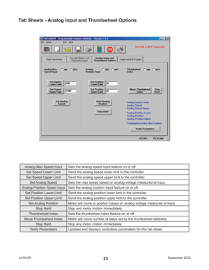 Page 23September 2012 L01015523
Analog Max Speed Input Sets the analog speed input feature on or off.
Set Speed Lower Limit Send the analog speed lower limit to the controller.
Set Speed Upper Limit Send the analog speed upper limit to the controller.
Set Analog Speed Sets the max speed based on analog voltage measured at input.
Analog Position Speed Input Sets the analog position input feature on or off.
Set Position Lower Limit Send the analog position lower limit to the controller.
Set Position Upper Limit...