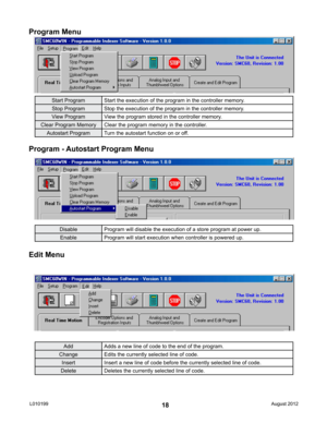 Page 1818
Program Menu
Program - Autostart Program Menu
Edit Menu
DisableProgram will disable the execution of a store program at power up.
Enable Program will start execution when controller is powered up.
Start Program Start the execution of the program in the controller memory.
Stop Program Stop the execution of the program in the controller memory.
View Program View the program stored in the controller memory.
Clear Program Memory Clear the program memory in the controller.
Autostart Program Turn the...