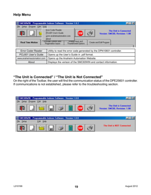 Page 1919
Help Menu
Error Coder ReaderUtility to read the error code generated by the DPN10601 controller.
PCL601 User’s Guide Opens up the User’s Guide in .pdf format.
www.anaheimautomation.comOpens up the Anaheim Automation Website.
About Displays the verison of the SMC60WIN and contact information.
“The Unit is Connected” / “The Unit is Not Connected”
On the right of the Toolbar, the user will find the communication status of the DPE25601 controller.  
If communications is not established, please refer to...