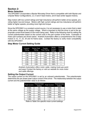 Page 77
Motor Selection
The DPE25601 incorporates a Bipolar Microstep Driver that is compatible with both Bipolar and 
Unipolar Motor Configurations, (i.e. 8 and 4 lead motors, and 6 lead center tapped motors).
Step motors with low current ratings and high inductance will perform better at low speeds, pro-
viding higher low-end torque.  Motors with high current ratings and low inductance will perform 
better at higher speeds, providing more high-end torque.
Since the DPE25601 is a constant current source, it...