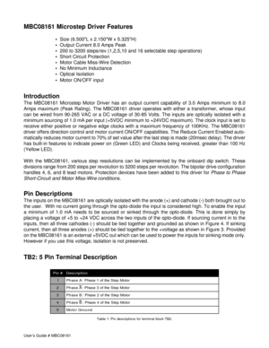 Page 2User’s Guide # MBC08161
MBC08161 Microstep Driver Features
  Size (6.500L x 2.150W x 5.325H)
  Output Current 8.0 Amps Peak
  200 to 3200 steps/rev (1,2,5,10 and 16 selectable step operations)
  Short Circuit Protection
  Motor Cable Miss-Wire Detection
  No Minimum Inductance
  Optical Isolation
  Motor ON/OFF input
Introduction
The MBC08161 Microstep Motor Driver has an output current capability of 3.0 Amps minimum to 8.0
Amps maximum (Peak Rating). The MBC08161 driver operates with either a...