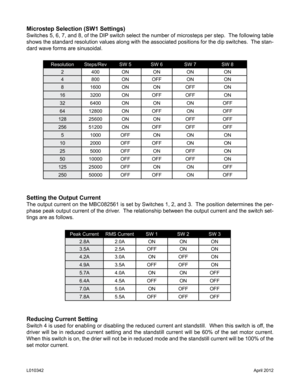 Page 6Microstep Selection (SW1 Settings)
Switches 5, 6, 7, and 8, of the DIP switch select the number of microsteps per step.  The following table 
shows the standard resolution values along with the associated positions\
 for the dip switches.  The stan-
dard wave forms are sinusoidal.
Setting the Output Current
The output current on the MBC082561 is set by Switches 1, 2, and 3.  The position determines the per-
phase peak output current of the driver.  The relationship between the output current and the...