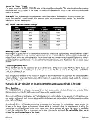 Page 3April 2006 #L010232
k a e P
t n e r r u Cr e t e m o i t n e t o P
g n i t t e Sk a e P
t n e r r u Cr e t e m o i t n e t o P
g n i t t e S
A 0 1 . 0%0A 4 6 . 0%0 6
A 9 1 . 0%0 1A 3 7 . 0%0 7
A 8 2 . 0%0 2A 2 8 . 0%0 8
A 7 3 . 0%0 3A 1 9 . 0%0 9
A 6 4 . 0%0 4A 0 0 . 1%0 0 1
A 5 5 . 0%0 5- ---
Setting the Output Current
The output current on the MBC10081NTB is set by the onboard potentiometer. This potentiometer determines the
per phase peak output current of the driver. The relationship between the...