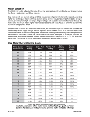 Page 8#L010144February 2007
Motor Selection
The MBC10101 AC is a Bipolar Microstep Driver that is compatible with both Bipolar and Unipolar motors
(i.e. 8 and 4 lead motors and 6 lead motors).
Step motors with low current ratings and high inductance will perform better at low speeds, providing
higher low-end torque. Motors with high current ratings and low inductance will perform better at higher
speeds, providing more high-end torque. Higher voltages will cause the current to flow faster through the
motor...