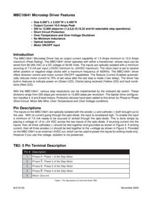 Page 2#L010143November 2003
MBC10641 Microstep Driver Features
•  Size 6.500L x 2.025W x 5.400H
•  Output Current 10.0 Amps Peak
•  200 to 12,800 steps/rev (1,2,5,8,10,16,32 and 64 selectable step operations)
•  Short Circuit Protection
•  Over-Temperature and Over-Voltage Shutdown
•  No Minimum Inductance
•  Optical Isolation
•  Motor ON/OFF input
Introduction
The MBC10641 Microstep Driver has an output current capability of 1.5 Amps minimum to 10.0 Amps
maximum (Peak Rating). The MBC10641 driver operates...