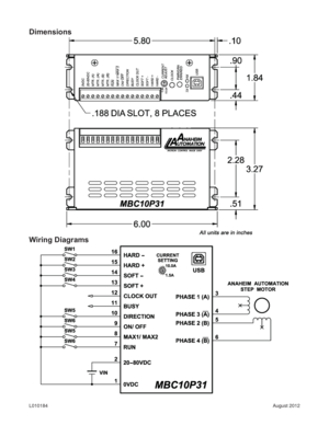 Page 7August 2012 L010184
Dimensions
Wiring Diagrams 