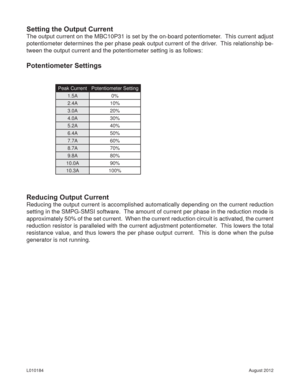Page 8August 2012 L010184
Setting the Output Current
The output current on the MBC10P31 is set by the on-board potentiometer.  This current adjust 
potentiometer determines the per phase peak output current of the driver.  This relationship be-
tween the output current and the potentiometer setting is as follows:
Potentiometer Settings
Reducing Output Current
Reducing the output current is accomplished automatically depending on the current reduction 
setting in the SMPG-SMSI software.  The amount of current...