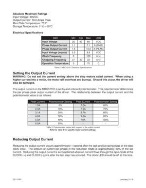 Page 4January 2013 L010353
Absolute Maximum Ratings
Input Voltage: 80VDC
Output Current: 10.0 Amps Peak
Max Plate Temperature: 70°C
Storage Temperature: 0° to +50°C
Electrical Speciﬁ cations
Item Min Typ Max Units
Input Voltage20 80 80 VDC
Phase Output Current1.1 7.1 A (RMS)
Phase Output Current1.5 10.0 A (PEAK)
Input Voltage (Inputs)3.5 8.6 VDC
Clock Frequency0 100 kHz
Chopping Frequency27 30 33 kHz
Operation Temperature070C
Setting the Output Current
WARNING: Do not set the current setting above the step...