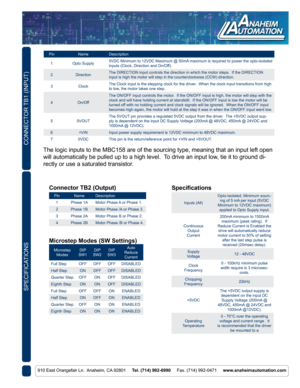 Page 2CONNECTOR TB1 (INPUT)
910 East Orangefair Ln.  Anaheim, CA 92801     Tel. (714) 992-6990     Fax. (714) 992-0471     www.anaheimautomation.com
SPECIFICATIONS
PinName Description
1 Opto Supply 5VDC Minimum to 12VDC Maximum @ 50mA maximum is required to power the opto-isolated 
inputs (Clock, Direction and On/Off).
2 Direction The DIRECTION input controls the direction in which the motor steps.  If\
 the DIRECTION 
input is high the motor will step in the counterclockwise (CCW) direct\
ion.
3 Clock The...