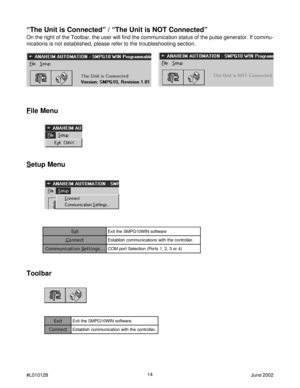 Page 1414
#L010128June 2002
“The Unit is Connected” / “The Unit is NOT Connected”
On the right of the Toolbar, the user will find the communication status of the pulse generator. If commu-
nications is not established, please refer to the troubleshooting section.
File Menu
Setup Menu
Ext ier a w t f o s N I W 0 1 G P M S e h t t i x E
Ct c e n n o. r e l l o r t n o c e h t h t i w s n o i t a c i n u m m o c h s i l b a t s E
n o i t a c i n u m m o CS. . . s g n i t t e) 4 r o 3 , 2 , 1 s t r o P ( n o i t c...