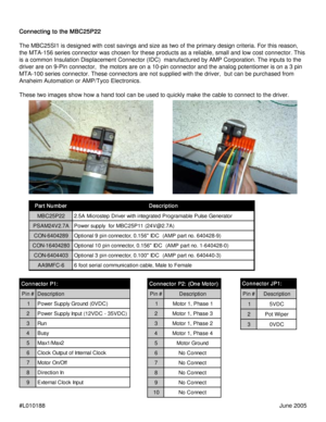 Page 1#L010188June 2005 Connecting to the MBC25P22 Connecting to the MBC25P22Connecting to the MBC25P22 Connecting to the MBC25P22
Connecting to the MBC25P22
The MBC25SI1 is designed with cost savings and size as two of the primary design criteria. For this reason,
the MTA-156 series connector was chosen for these products as a reliable, small and low cost connector. This
is a common Insulation Displacement Connector (IDC)  manufactured by AMP Corporation. The inputs to the
driver are on 9-Pin connector,  the...