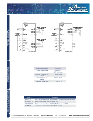 Page 2WIRING DIAGRAM
910 East Orangefair Ln.  Anaheim, CA 92801     Tel. (714) 992-6990     Fax. (714) 992-0471     www.anaheimautomation.com
SPECIFICATIONS
Power Requirements: 12-35VDC
Output Current Range: TA = 25° C
0.5 - 2.5A Peak
Clock Out Frequency: (P1, 
Pin 6)152Hz - 50Hz
Driver Chopping Fre-
quency:25kHz - 30kHz
Operating Temperature: 0° C to 70° C
Model # Description
MBC25P22 Dual 2.5A Microstep Driver with integrated Programmable Pulse Generator
PSAM24V2.7A Power Supply for MBC25P22 (24V@2.7A)...