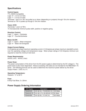 Page 7January 2013 L010160
Speciﬁ cations
Control Inputs:
TTL-CMOS Compatible
Logic “0” = 3.5 to 5.0 VDC
Logic “1” = 3.5 to 5.0 VDC
Terminals 1 and 2 on TB1 are pulled up or down (depending on jumpers) through 10k ohm resistors. 
Terminal on TB1 is pulled up through a 10k ohm resistor.
Clock, CCW:
(Terminals 1 and 2 of TB1)
15 microseconds minimum pulse width, positive or negative going.
Direction Control:
Logic “1” (open) - Clockwise
Logic “0” - Counterclockwise
Motor On/Off:
Logic “1” (open) - Motor...