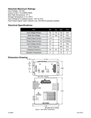 Page 6Absolute Maximum Ratings
Input Voltage: 132 VAC
Ouput Current: 10.0 AMPS PEAK
Max Plate Temperature: 70° C
Storage Temperature: 0° to +50°C
Input Voltage (For Isolated Inputs): +24V at 7mA
Fault Output Signal: Open Collector max. 30V/50mA (optically isolated)
Electrical Specifications:
ItemMinTy pMax Units
Input Voltage (Power) 9011 5132 VA C
Motor Bus Voltage 127160185 VDC
Phase Output Current 1.4147.07A (RMS)
Phase Output Current 2.010.0A (PEAK)
Input Voltage (Inputs) 3.524VDC
Clock Frequency 0400kHz...