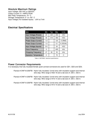 Page 4#L010158July 2004
Absolute Maximum Ratings Absolute Maximum RatingsAbsolute Maximum Ratings Absolute Maximum Ratings
Absolute Maximum Ratings
Input Voltage: 250 VAC or 350VDC
Output Current: 5.1 AMPS PEAK
Max Plate Temperature: 70° C
Storage Temperature: 0° to +50° C
Input Voltage (For isolated inputs):  +24V at 7mA
Electrical Specifications Electrical SpecificationsElectrical Specifications Electrical Specifications
Electrical Specifications
m e t Ime t I
m e t Im e t Ime t In i Mni M
n i Mn i Mni Mp y...