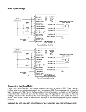 Page 55
Hook Up Drawings
           Typical Sinking Hook Up
             Typical Sourcing Hook Up
Connecting the Step Motor
Phase 1 and 3 of the Step Motor is connected between pins 1 and 2 on connector TB2.  Phase 2 and 4 of
the Step Motor is connected between pins 3 and 4 on connector TB2.  The motors case can be grounded
to pin 5 on connector TB2. Refer to the figures above for typical application hookup drawings. The physi-
cal direction of the motor with respect to the direction input will depend on the...