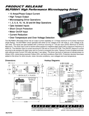 Page 1#L010151 #L010151#L010151 #L010151
#L010151
MLP08641 High Perfor mance Microstepping Driver
PRODUCT RELEASE
Hookup Diagrams: Hookup Diagrams:Hookup Diagrams: Hookup Diagrams:
Hookup Diagrams:
Dimensions: Dimensions:Dimensions: Dimensions:
Dimensions:
The MLP08641 Microstep Driver has an output current capability of 1.5 Amps minimum to 8.0 Amps maximum
(Peak Rating). The MLP08641 driver operates with either an AC voltage of 20-130 Volts or  a DC voltage of 30-
185 Volts. The inputs are opto-isolated with...