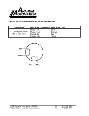 Page 1      
4 Lead Wire Stepper Motor wiring configurations 
 
 
Connection Lead Wire Connection Lead Wire Color Phase 1 (A) Black Phase 3 (/A) Orange Phase 2 (B) Red 4 –Lead Bipolar Series 
MBC or MLP Series 
Phase 4 (/B) Yellow  
 
  
 
 
 
 
 
 
 
 
 
 
 
 
 
 
 
 
 
 
 
 
 
 
 
910 E. Orangefair Lane, Anaheim, CA 92801    Tel           (714) 992 - 6990  
Website: http:\\www.anaheimautomation.com       Fax    (714) 992 - 0471  