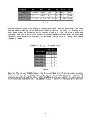 Page 1515
The selection of the switch banks is done by switching select lines 1 and 2 on connector P3. The select
lines are “low true” meaning that if a select line is pulled low (to 0VDC), it is recognized as being “on” or
“true”. When a select line is not pulled low it is internally “pulled up” to +5VDC and is “off” or “false”. The
bank select lines must be set at least 1 millisecond before the index command is given. The select lines
must remain in the set state until the index is complete. Once the move is...