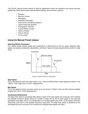 Page 33
The PCL451 Manual Preset Indexer is ideal for applications which are repetitive and require accurate
positioning. Some areas where manual preset indexers are commonly used are:
•Robotics
•Machine Control
•Packaging
•Assembly Automation
•Fluid Control and Mixing Systems
•Table Positioning Systems
•Photographic Controls
•Custom Motion Control
•Feed to Position
•Feed to Sensor
•Cut to Length
Using the Manual Preset Indexer
Selecting Motion Parameters
The velocity profile (motion speed and acceleration) is...