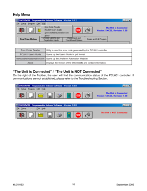 Page 1616
#L010153September 2005
“The Unit is Connected” / “The Unit is NOT Connected”
On the right of the Toolbar, the user will find the communication status of the PCL601 controller. If
communications are not established, please refer to the Troubleshooting Section.
Help Menu
Ere d a e R r e d o C r o r r. r e l l o r t n o c 1 0 6 L C P e h t y b d e t a r e n e g e d o c r o r r e e h t d a e r o t y t i l i t U
Ped i u G s  r e s U 1 0 6 L C.t a m r o f f d p . n i e d i u G s  r e s U e h t p u s n e p...