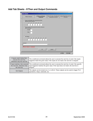 Page 2424
#L010153September 2005
Add Tab Sheets - If/Then and Output Commands
n e h t w o l e b h c t a m s t u p n i f I
, e n i l t x e n e h t e t u c e x e
e n i l t x e n e h t p i k s e s i w r e h t os t u p n i e h t f i e d o c f o e n i l t x e n e h t e t u c e x e ot r e s u e h t s w o l l a d n a m m o c l a n o i t i d n o c s i h T
. d e p p i k s s i e n i l t x e n e h t , h c t a m t o n o d s t u p n i e h t f I . e u l a v n e v i g e h t h c t a m d e r
e g g i r t
e t u c e x e n e h t ,...