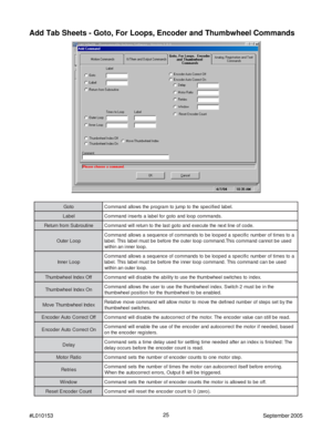 Page 2525
#L010153September 2005
Add Tab Sheets - Goto, For Loops, Encoder and Thumbwheel Commands
o t o G. l e b a l d e i f i c e p s e h t o t p m u j o t m a r g o r p e h t s w o l l a d n a m m o C
l e b a L.s d n a m m o c p o o l d n a o t o g r o f l e b a l a s t r e s n i d n a m m o C
e n i t u o r b u S m o r f n r u t e R. e d o c f o e n i l t x e n e h t e t u c e x e d n a o t o g t s a l e h t o t n r u t e r l l i w d n a m m o C
p o o L r e t u Oa o t s e m i t f o r e b m u n c i f i c e p...