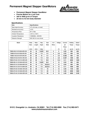 Page 1 910 E. Orangefair Ln. Anaheim, CA 92801  Tel (714) 992-6990  Fax (714) 992-0471 
www.anaheimautomation.com 
 
• Permanent Magnet Stepper GearMotor 
• Precise Motion at a Low Cost 
• 300 to 4000 g-cm of Torque 
• 20 mm to 42 mm body diameter 
 
Specifications 
Item Specifications 
Step Angle Accuracy  ±7%  (full  step, no load) 
Resistance Accuracy  ±10% 
Temperature Rise  80° C Max 
Ambient Temperature  -20°C to +50°C 
Insulation Resistance    100MΩMin. ,500VDC 
Dielectric Strength  650 VAC for one...