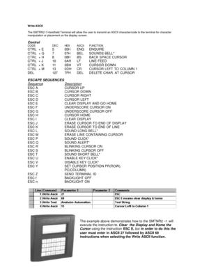 Page 11Write ASCII
The SMTRN2-1 Handheld Terminal will allow the user to transmit an ASCII character/code to the terminal for character
manipulation or placement on the display screen.
Control
CODEDECHEXASCIIFUNCTION
CTRL  + E505HENQENQUIRE
CTRL  + G707HBELSOUNDS BELL*
CTRL  + H808HBSBACK SPACE CURSOR
CTRL  + J100AHLFLINE FEED
CTRL  + K110BHVTCURSOR DOWN
CTRL  + M130DHCRCURSOR LEFT TO COLUMN 1
DEL 1277FHDELDELETE CHAR. AT CURSOR
ESCAPE SEQUENCES
SequenceDescriptionESC ACURSOR UP
ESC BCURSOR DOWN
ESC CCURSOR...