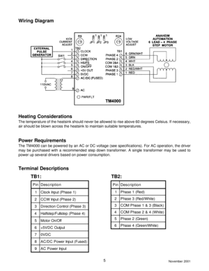 Page 5November 20015
Wiring Diagram
Heating Considerations
The temperature of the heatsink should never be allowed to rise above 60 degrees Celsius. If necessary,
air should be blown across the heatsink to maintain suitable temperatures.
Terminal Descriptions
n i Pno i t p i r c s e D
1)1 e s a h P ( t u p n I k c o l C
2)2 e s a h P ( t u p n I W C C
3)3 e s a h P ( l o r t n o C n o i t c e r i D
4)4 e s a h P ( p e t s l l u F / p e t s f l a H
5ff O / n O r o t o M
6tu p t u O C D V 5 +
7CD V 0
8)d e s u F...