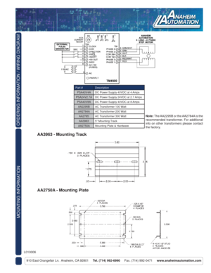 Page 2ORDERING INFORMATION / WIRING DIAGRAM
910 East Orangefair Ln.  Anaheim, CA 92801     Tel. (714) 992-6990     Fax. (714) 992-0471     www.anaheimautomation.com
Note: The AA2295B or the AA2784A is the 
recommended transformer. For additional 
info on other transformers please contact 
the factory.
Part # Description
PSA40V4A DC Power Supply 40VDC at 4 Amps
PSA24V2.7A DC Power Supply 24VDC at 2.7 Amps
PSA40V8A DC Power Supply 40VDC at 8 Amps
AA2295B AC Transformer 100 Watt
AA2784A AC Transformer 200 Watt...