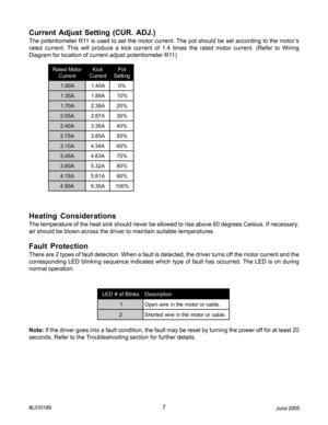 Page 77#L010189
June 2005
r o t o M d e t a R
t n e r r u Ck c i K
t n e r r u Ct o P
g n i t t e S
A 0 0 . 1A0 4 . 1%0
A 5 3 . 1A9 8 . 1%0 1
A 0 7 . 1A8 3 . 2%0 2
A 5 0 . 2A7 8 . 2%0 3
A 0 4 . 2A6 3 . 3%0 4
A 5 7 . 2A5 8 . 3%0 5
A 0 1 . 3A4 3 . 4%0 6
A 5 4 . 3A3 8 . 4%0 7
A 0 8 . 3A2 3 . 5%0 8
A 5 1 . 4A1 8 . 5%0 9
A 0 5 . 4A0 3 . 6%0 0 1
Current Adjust Setting (CUR. ADJ.)
The potentiometer R11 is used to set the motor current. The pot should be set according to the motor’s
rated current. This will produce a...