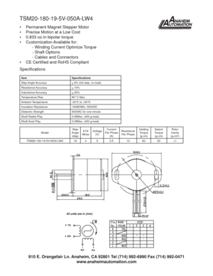 Page 1TSM20-180-19-5V-050A-LW4
•  Permanent Magnet Stepper Motor
•  Precise Motion at a Low Cost
•  0.833 oz-in bipolar torque
• Customization Available for:
  - Winding Current Optimize Torque
  - Shaft Options
  - Cables and Connectors
• CE Certiﬁ ed and RoHS Compliant
Item Speciﬁ cations
Step Angle Accuracy
+ 8% (full step, no load)
Resistance Accuracy
+ 10%
Inductance Accuracy
+ 20%
Temperature Rise 80° C Max
Ambient Temperature -20°C to +50°C
Insulation Resistance 100MOMin. 500VDC
Dielectric Strength...