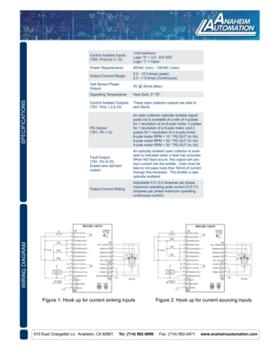 Page 2SPECIFICATIONS
910 East Orangefair Ln.  Anaheim, CA 92801     Tel. (714) 992-6990     Fax. (714) 992-0471     www.anaheimautomation.com
Control Isolated Inputs:
(TB3, Pins3-8,11,12) 1mA minimum
Logic “0” = 3.5 - 8.6 VDC
Logic “1” = Open
Power Requirements: 85VAC (min) - 135VAC (max)
Output Current Range: 5.0 - 15.0 Amps (peak)
2.5 - 7.5 Amps (Continuous)
Hall Sensor Power 
Output: 5V @ 30mA (Max)
Operating Temperature: Heat Sink: 0°-70°
Control Isolated Outputs:
(TB1, Pins 1,2,9,10) These open collector...