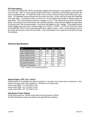 Page 3 
Pin Descriptions
The inputs on the MDC300-120151 are optically isolated with the anode (+) and cathode (-) both broug\
ht 
out to the user.  With no current going through the Direction, Freewheel, and Run/Stop opto-diodes, the 
input is considered high.  To enable the motor to Run, current must go through the Run/Stop input opto-
diode.  To Freewheel (remove energy from the motor) the motor, current must go through the Freewheel 
input opto-diode.  To enable the input a minimum of 1.0 mA needs to be...