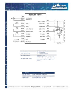 Page 2WIRING INFORMATION
910 East Orangefair Ln.  Anaheim, CA 92801     Tel. (714) 992-6990     Fax. (714) 992-0471     www.anaheimautomation.com
Power Requirements: 85VAC (min) - 132AC(max)
Output Current Range:1.0 - 8.0 Amps Peak
0.5 - 4.0 Amps Continuous
Operating Temperature: Heat Sink 0° - 70°C
Hall Sensor Power Output:(6.25 @ 30mA maximum.  Typical current 
draw from hall sensor is 20mA.  All three Hall 
Sensor inputs are pulled through 20K ohm 
resistors.
Model # Description
MDCKB1-120081 110VAC DC...