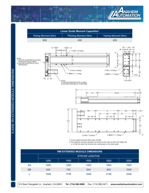 Page 4Linear Guide Moment Capacities2
Roling Moment (Nm)Pitching Moment (Nm) Yawing Moment (Nm)
600 450400
RM EXTENDED MODULE DIMENSIONS
STROKE LENGTHS
1200 1400160018002000
SA 1000 1200140016001800
SB 640 7408409401040
L 1548 1748194821482348
X-AXIS: RH EXTENDED MODULE DIMENSIONS
910 East Orangefair Ln.  Anaheim, CA 92801     Tel. (714) 992-6990      Fax. (714) 992-0471     www.anaheimautomation.com 