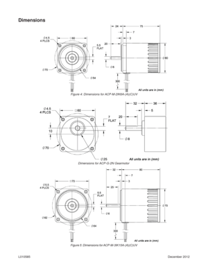Page 6December 2012 L010585
Dimensions
Figure 4: Dimensions for ACP-M-2IK6A-(A)(C)UV
Figure 5: Dimensions for ACP-M-3IK15A-(A)(C)UV
Dimensions for ACP-G-2N Gearmotor 